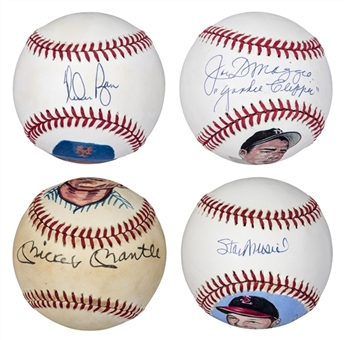 Lot of (4) Single Signed Artwork Baseballs Including Mantle, DiMaggio, Musial & Ryan (JSA)